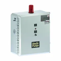 Intrinsically-safe pump control panel for duplex pump systems. Operates at 575V AC with 2.5 to 4 A current range. Non-reversing configuration with demand dose dosing schedule. Features a tether float, plastic NEMA 4X enclosure, and audio alert output.