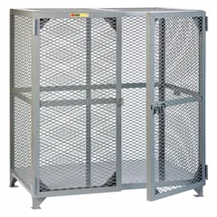 This single-tier, single-unit-wide security cage locker features a padlock hasp and two doors. Constructed of expanded metal, it provides secure storage for bulk items in industrial and warehouse environments.