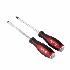 This 2-piece demolition screwdriver set includes Phillips and slotted tips, each with a 5/16 in tip size. Designed for heavy-duty prying and turning in industrial settings, these tools are suitable for tasks such as prying open panels or driving screws where standard screwdrivers may fail.
