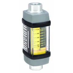 Scale-type, variable area inline flowmeter with NPTF connections. Measures flow rate of petroleum fluids in liters. Viton seals and O-rings. Accuracy +/-7%. Universal mounting orientation. Suitable for hydraulic oil and lubricant flow measurement in industrial fluid systems.