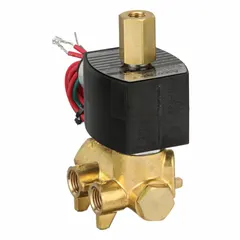This 4-way/2-position solenoid valve is configurable for directional control in pneumatic or hydraulic systems, commonly used to actuate double-acting cylinders or industrial process valves. It features a 1/4 in pipe size, 110V AC dual-rated voltage (120/60 and 110/50 Hz), and a watertight coil enclosure with explosion-proof/watertight rating.
