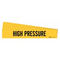 Yellow adhesive pipe marker with black legend reading 'High Pressure' for identifying high-pressure piping systems. Fits pipe outer diameters from 2-1/2 to 7-7/8 inches. Supplied without arrows. Pack of 5 markers