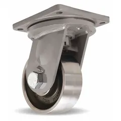 This extreme-duty swivel plate caster features a face brake, steel construction, and an 8-inch diameter silver wheel with a 3-inch width and roller bearing. With an 11-inch mounting height, it is suited for heavy industrial applications such as material handling carts and platform trucks.