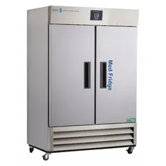 Upright lab refrigerator with 49 cu ft capacity, maintaining 2°C to 7°C. Features two swing solid doors (left and right opening), temperature alarm, and R-290 refrigerant. Silver finish, 35 in depth. Suitable for storage of temperature-sensitive materials in laboratory and clinical environments.