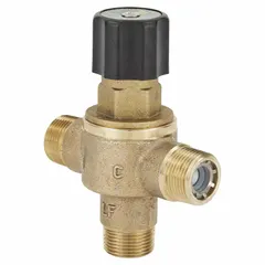 Thermostatic mixing valve for point-of-use applications, blending hot and cold water to a consistent outlet temperature. Features 3/4 in outlet connection size. Suitable for commercial and industrial facilities where precise water temperature control is required.
