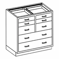 Wall-mounted stainless steel base cabinet with 8 drawers. Overall width 35 in, depth 22 in. Constructed from stainless steel for corrosion resistance. Suitable for organized storage in laboratories, clean rooms, and industrial environments.
