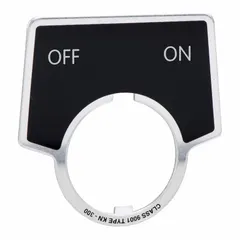 Half-round legend plate for 30 mm panel mounting. Silver metallic aluminum construction with black Off-On marking in English. Overall height 2 in, overall width 1 3/4 in. Used to label push-button stations in industrial control panels.