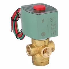 This REDHAT solenoid valve is a 3-way/2-position, normally open, direct-mount unit with a 1/4 in pipe size. It operates on 120V AC (also rated 110V AC at 50/60 Hz) and features a coil enclosure without a junction box. Suitable for controlling the flow of air, water, or light oil in industrial automation and fluid-handling systems.