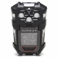 The MSA ALTAIR io 4 is a wearable multi-gas detector for continuous monitoring of hydrogen sulfide, carbon monoxide, and oxygen levels. It features a black housing and a lithium-ion battery. Typical applications include confined space entry, refinery operations, and chemical plant safety where toxic or oxygen-deficient atmospheres may be present