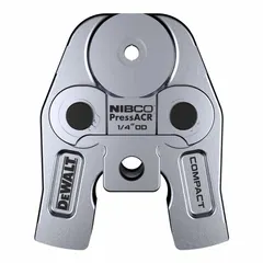 This press jaw is designed for use with compact press tools and the NIBCO PressACR Refrigeration Press Fitting System. It accepts 1/4 in pipe and is constructed from galvanized steel. Typical applications include crimping copper or aluminum tubing in HVAC, refrigeration, and commercial piping installations.
