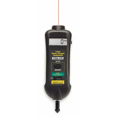 EXTECH Laser Tachometer: +/-0.05% RPM Accuracy, 0.1 RPM, 19,999 RPM Max Contact RPM - Contact Tachometers