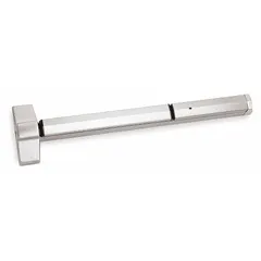 This rim-type exit device features a stainless steel touchbar for doors up to 36 inches wide. It is designed for emergency egress in commercial buildings and does not include outside trim. Not ligature-resistant.