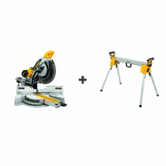 This kit includes a 12 in corded sliding miter saw and a stand. It provides a maximum cut width of 13 3/4 in at 0° miter, with miter ranges of 60° to 50° left and 49° to 49° right. Suitable for crosscuts and miter cuts in wood, trim, and framing.