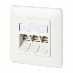 Zinc die-cast wall outlet for voice and data applications. Features an IDC connection to RJ45 interface with a 180° mounting angle. White connector color. Suitable for flush mounting in structured cabling systems.