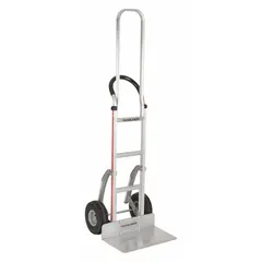 This corrosion-resistant hand truck features a silver aluminum frame and flat-free tires. The flow-back design and 68-inch handle height facilitate maneuvering loads. Suitable for environments where moisture or chemical exposure is a concern, such as food processing or pharmaceutical facilities.