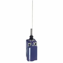 Plastic-bodied limit switch with a 5.19-inch cat-whisker actuator and screw clamp terminals. Features 2 mounting holes. Used for position sensing on conveyors, packaging lines, and automated machinery, detecting objects from multiple directions for jam detection and end-of-travel applications.