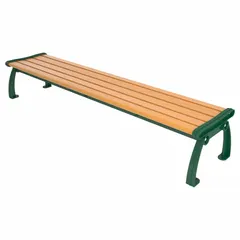 This vandal-resistant resinwood bench features a Cedar plank surface and Green frame. Overall length is 96 inches, height is 17 inches. Suitable for outdoor seating in public areas.