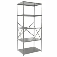 This HALLOWELL medium-duty standalone open metal shelving unit is constructed with a steel frame and steel shelves. It measures 36 inches wide by 24 inches deep with an overall height of 84 inches and includes five shelves. The unit is finished in gray and supplied unassembled. Typical applications include storage of tools, parts, boxes, and inventory in warehouses, factories, stockrooms, and light industrial environments