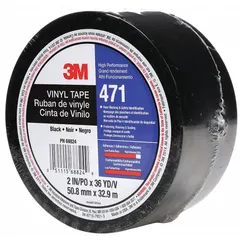 Solid black vinyl tape, 2 in x 108 ft, 5.2 mil thick. No legend. Used for aisle marking, hazard identification, and floor delineation in industrial environments.