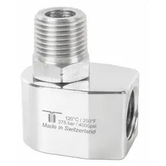 This MOSMATIC rotary union is a nickel-plated C38500 brass elbow with a single passage and a 1/2 in threaded rotating shaft, rated for a maximum speed of 30 RPM. It is used to transfer fluid or gas from a stationary supply line into rotating machinery, such as low-speed rotary indexing tables, packaging equipment, and light industrial automation.