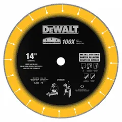 This 14-inch diamond blade is designed for dry cutting of ferrous metals on a chop saw. It features a 1-inch arbor and is rated for good performance in ferrous metal applications. Suitable for construction and metal fabrication tasks requiring clean cuts.