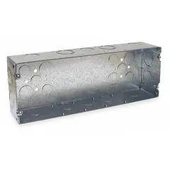 This RACO steel multigang rectangular electrical box accommodates 5 gangs for housing multiple switches or receptacles in a single enclosure. It is designed without clamps or brackets, requiring separate mounting and cable securing methods. Suitable for use in commercial or industrial installations as a junction point for wiring connections.