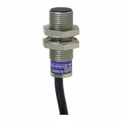 Shielded inductive cylindrical proximity sensor with non-terminated cable and NPN output. Operates on 12-24V DC supply. Suitable for non-contact detection of metal objects in industrial automation, packaging, and material handling applications. Shielded design allows flush mounting in metal.