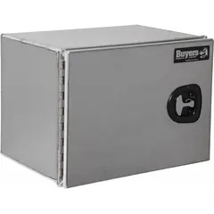 This single barn-door box from BUYERS PRODUCTS is designed for underbody mounting on trucks. It features a silver finish, 18-inch overall depth, and a keyed lock for secure storage. Suitable for organizing tools and equipment in fleet and service vehicle applications.