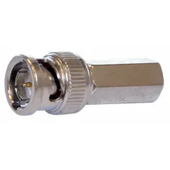 Male BNC connector with silver nickel-plated finish. Twist-on design for quick termination of RG-59 and RG-62 coaxial cables without soldering. Suitable for video surveillance, CCTV, and broadcast applications. Pack of 10.