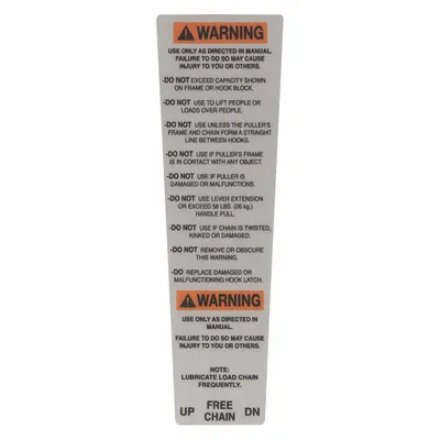 CM Warning Label: Lever Chain Hoists, 1,500 lb Compatible Load Capacity, 640 - Warning Labels for Hoists
