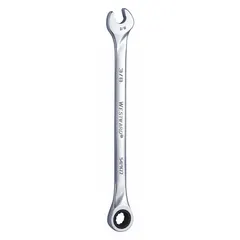 This SAE 12-point ratcheting combination wrench is constructed from alloy steel with a chrome finish. It features a 3/8-inch head size and a 7-inch overall length, suitable for turning and tightening fasteners in standard-duty applications such as automotive repair and equipment maintenance.