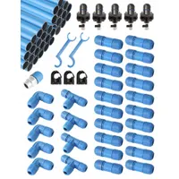 This compressed air aluminum tubing kit includes straight and elbow fittings for 3/4 in compatible tube sizes. The aluminum tube material and elbow fitting shapes support the construction or extension of compressed air piping systems for pneumatic tools and machinery