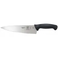 This 9-inch chef's knife features a stamped steel blade with a sharp edge and a black Santoprene/Polypropylene handle. It is NSF certified for use in commercial food service environments. Suitable for chopping, slicing, and dicing tasks in professional and home kitchens
