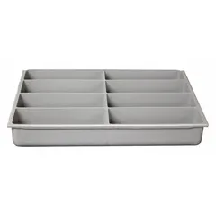 This gray insert organizes small parts such as screws, nuts, and fittings within compatible compartmented boxes. It features eight fixed compartments, each measuring 6-25/64 in x 2-13/64 in, and is designed for use with DURHAM MFG model 226-95. Suitable for workshops, assembly lines, and maintenance areas requiring component segregation.