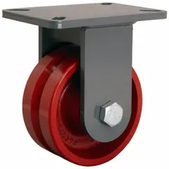 Rigid plate caster with a 6-inch diameter V-groove wheel, 2 3/4-inch wheel width, and 8-inch mounting height. Constructed for use on steel and concrete surfaces. Commonly applied in material handling systems where guided movement along V-groove track is required.