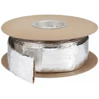 This heat-reflective cable sleeving is constructed from fiberglass with a silver finish. It has an inside diameter of 1-1/2 in and a length of 50 ft, operating within a temperature range of -76°F to 1,200°F. Compliant with FAR-25 standards, it is used to protect wiring from high heat in applications such as engine compartments and exhaust areas