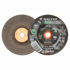 Depressed center grinding wheel for concrete and masonry. Type 29 design with dimensions 4-1/2" diameter, 1/8" thickness, and 5/8"-11 arbor. Part of the Flexcut Mill Scale series. Suitable for removing mill scale, welds, and surface imperfections in construction and metal fabrication.