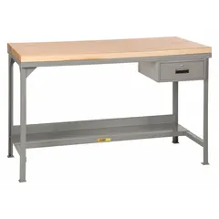 This fixed-height workbench features a butcher block top measuring 48 inches by 24 inches and an overall load capacity of 3,000 pounds. It includes one drawer and lower shelves for organized storage. Suitable for assembly, maintenance, and repair tasks in workshops and industrial settings.