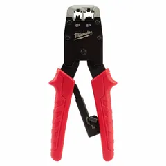 This modular data plug crimper is designed for terminating RJ-11 and RJ-45 connectors onto non-insulated cable. It features a knurled grip for secure handling and an overall length of 10 5/8 in. Suitable for network and telecom cabling installations.