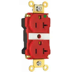 General purpose duplex receptacle rated 20 A, 125 V AC, 2-pole/3-wire with NEMA 5-20R configuration. Red housing for isolated ground identification. Suitable for use in commercial and industrial settings requiring a 20 A, 125 V outlet.