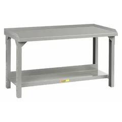 This steel workbench with lower shelves measures 84 inches by 36 inches and has a gray finish. It supports an overall load capacity of 3,000 lb, suitable for industrial assembly, maintenance, and repair tasks in manufacturing plants, warehouses, and workshops.