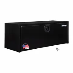 This single drop-down door box is constructed from black steel and features a keyed lock for security. It is designed for underbody mounting on commercial vehicles, providing weather-resistant storage for tools and equipment.