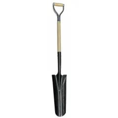 This drain spade features a 14-gauge steel blade with a black finish and a 30-inch natural wood handle with a D-grip. Designed for digging narrow trenches, transplanting shrubs, and installing drainage systems.