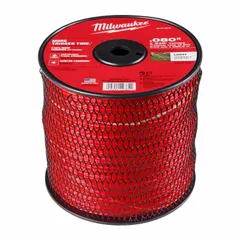 Nylon string trimmer line with a twisted profile and red color. Diameter of 0.08 inches and overall length of 78 5/16 feet. Compatible with MILWAUKEE model 3046-20 string trimmers. Used for cutting grass and weeds in residential and commercial landscaping.