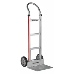 This corrosion-resistant hand truck from MAGLINER features a flow-back handle and a silver aluminum frame for lightweight strength. It is equipped with tread-on-core rubber wheels for stable rolling. Suitable for moving heavy loads in industrial, warehouse, and commercial environments where rust resistance is required.
