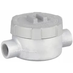 Iron C round body straight-type conduit outlet body with triple coat epoxy coating. 3/4 in trade size, threaded female hubs, includes cover and gasket. For use with threaded IMC in hazardous locations. CSA C22.2 No. 30 certified.