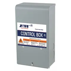 This simplex control panel is designed for single-phase submersible deep-well pumps operating at 230V AC and 2.3 A. The metal enclosure houses components for manual or automatic pump operation in water systems. It does not include a switch and is not specified as intrinsically safe.