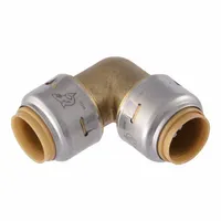 Standard brass push-to-connect elbow fitting with 1/2 in OD x 1/2 in OD size and Push-to-Connect x Push-to-Connect ends. Used to connect two tubes at a 90-degree angle in plumbing and industrial fluid systems for water, air, or non-corrosive liquid lines. Enables quick, tool-free installation without soldering