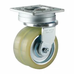 Swivel plate caster with dual polyurethane wheels, 150 mm diameter, 40 mm width, and 215 mm mounting height. Designed for self-alignment in AGV and AMR applications, providing low rolling resistance and floor protection in material handling and industrial automation.
