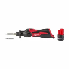 This 90 W high output rechargeable battery-powered soldering iron operates at a fixed 750°F temperature. It includes chisel and conical tips with a 0.02 in tip width. Suitable for precision soldering tasks such as joining wires, components, and small metal parts in electrical and electronics work.